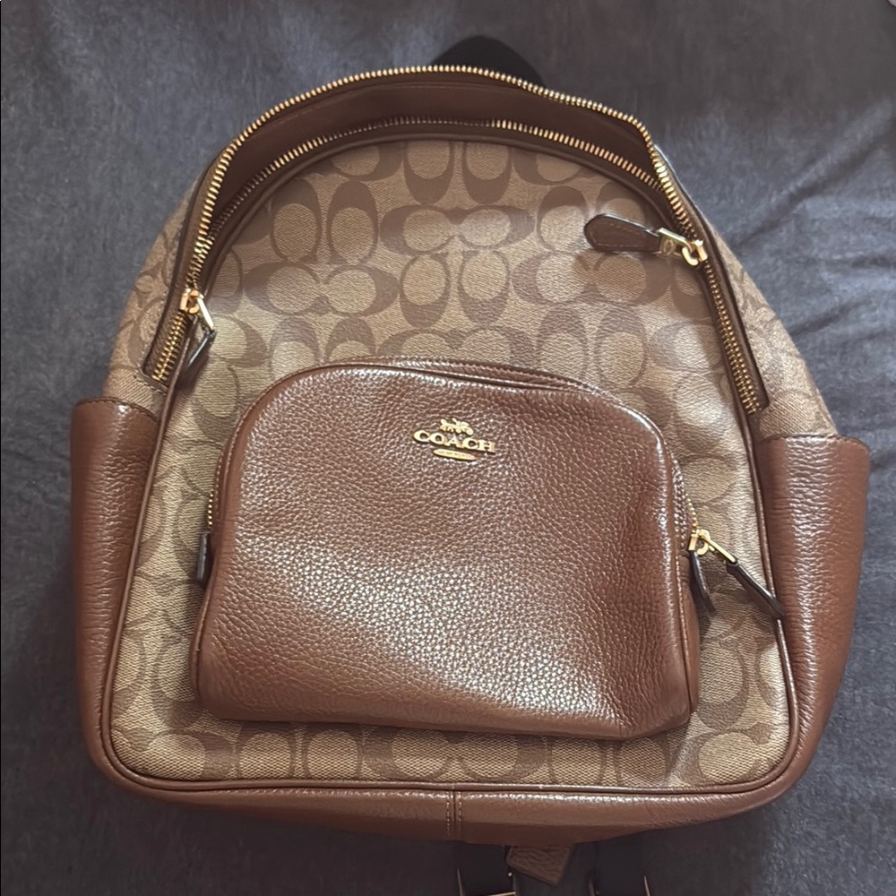 Coach Brown Backpack with Signature Monogram and Leather Accents